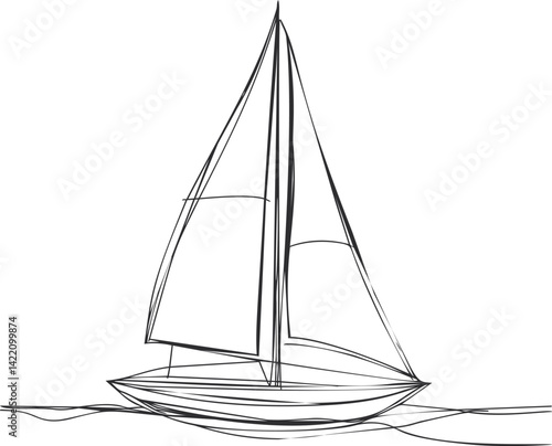 Line drawing of a sailboat on the ocean with minimalist design. Vector illustration