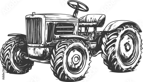 Vintage tractor in detailed black and white illustration, retro farming machinery. Vector illustration