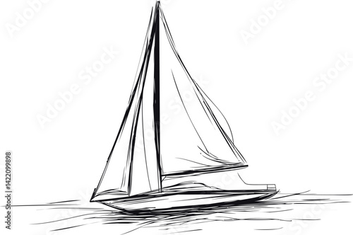 Sailboat sketched in black ink with flowing lines on calm water surface. Vector illustration