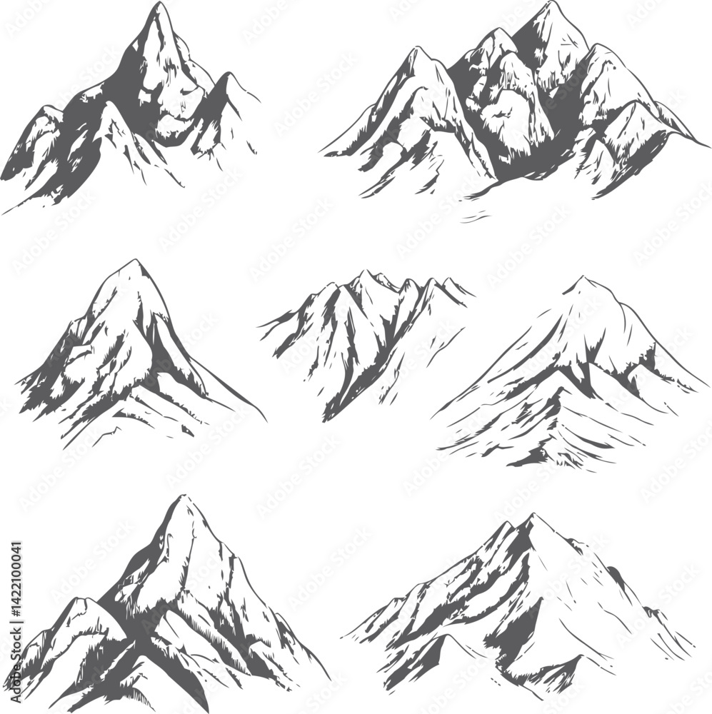 Black and white sketches of various mountain peaks, conceptual illustration. Vector illustration Black and white sketches of various mountain peaks, conceptual illustration. Vector illustration