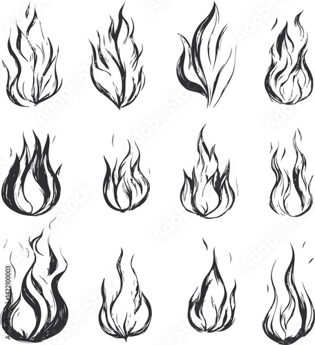 Set of sketched black flames in various styles illustration. Vector illustration