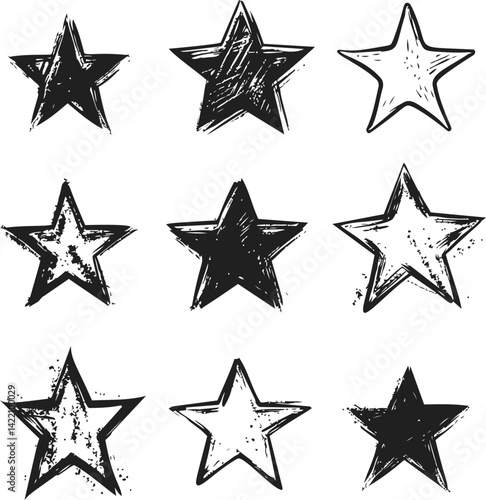 Hand-drawn grunge stars in various designs in black and white illustration. Vector illustration