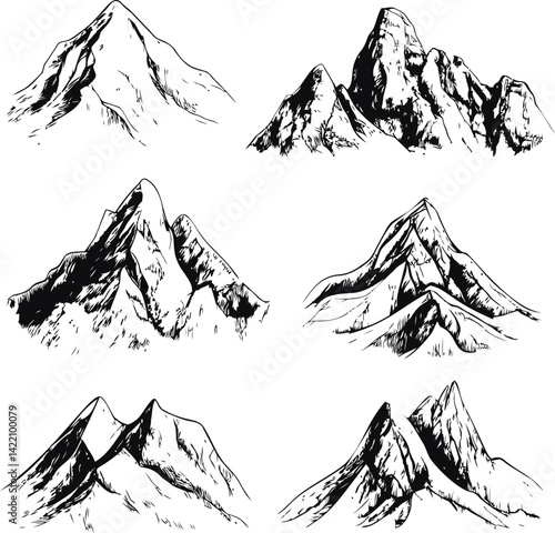 Black and white illustrations of six stylized mountain peaks, artistic sketches. Vector illustration