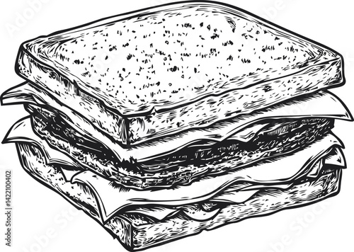 Illustration of a double-decker sandwich in monochrome sketch style. Vector illustration