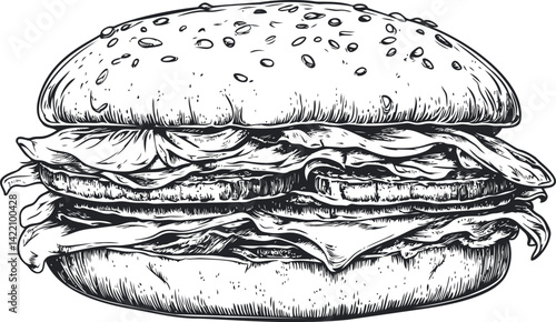 Black and white sketch of a detailed hamburger with lettuce and meat patty. Vector illustration