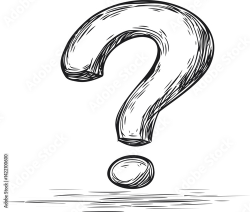 Hand-drawn black and white question mark sketch, curiosity concept. Vector illustration