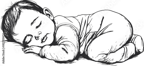 Black and white sketch of sleeping baby in comfy pajamas, peaceful expression. Vector illustration