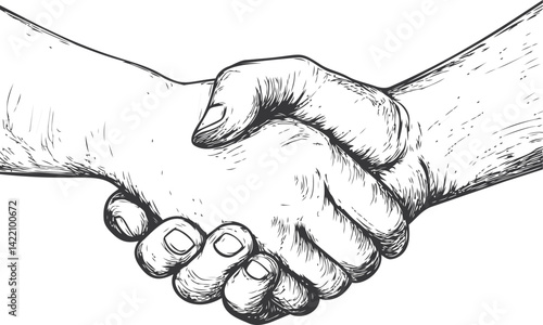 Detailed black and white sketch of a firm handshake symbolizing agreement. Vector illustration