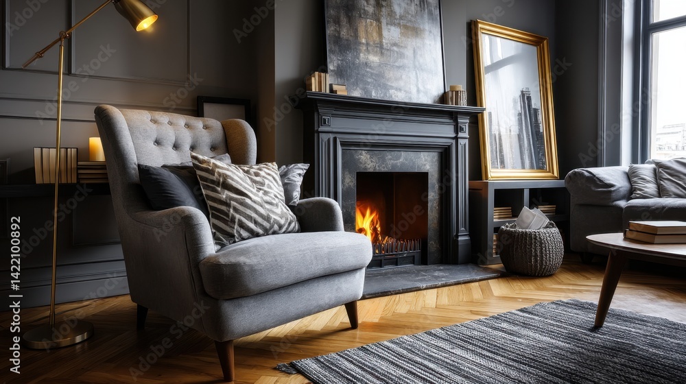 Fototapeta premium Cozy living room with fireplace, modern decor, armchair, and gold-framed mirror in natural daylight