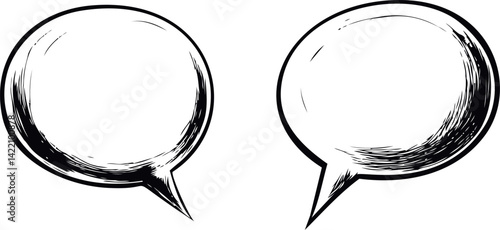 Two artistic black and white speech bubbles with sketchy texture. Vector illustration