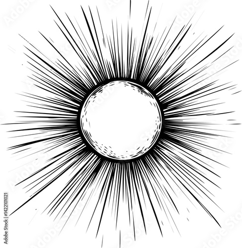 Black and white illustration of a burst with radial lines, concept art style. Vector illustration