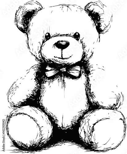 Sketch of a teddy bear with a bow tie, black and white illustration. Vector illustration