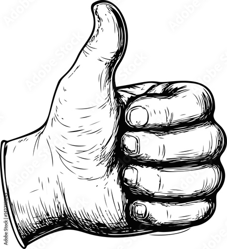 Thumb up hand drawing in black and white, positive gesture concept. Vector illustration