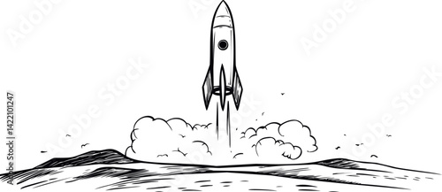 Rocket launching from a landscape with clouds in a black and white illustration. Vector illustration