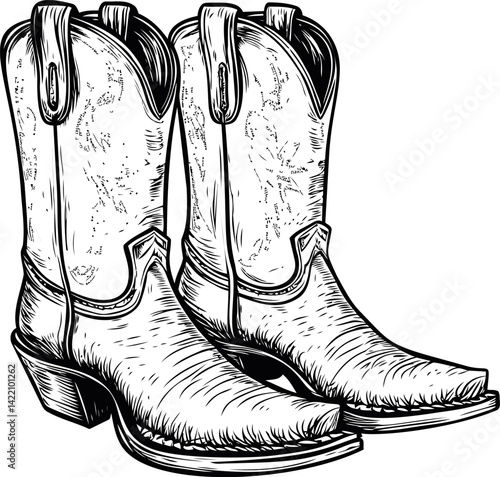 Detailed illustration of classic cowboy boots in black and white sketch style. Vector illustration