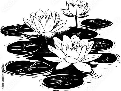 Black and white illustration of lotus flowers and lily pads in a peaceful pond. Vector illustration