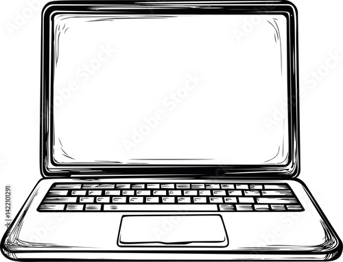 Illustrated black and white laptop with blank screen, digital design concept. Vector illustration