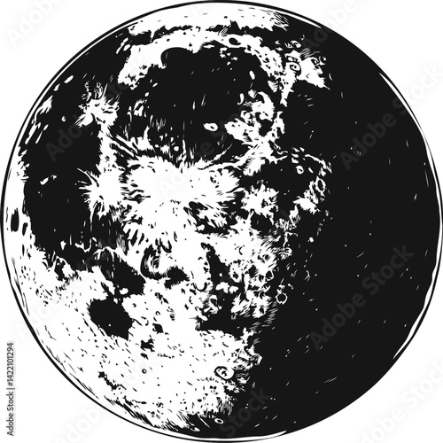 Monochrome illustration of the moon with craters and shadows, space concept. Vector illustration