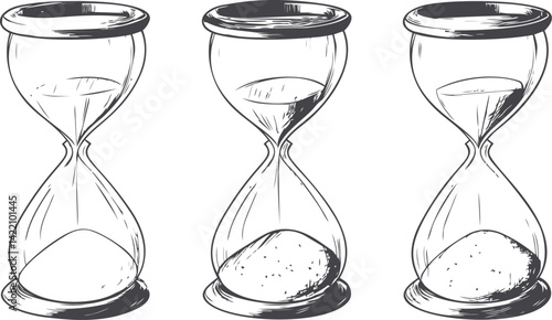 Three vintage sand hourglasses in a black and white sketch style illustration. Vector illustration