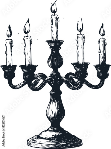 Vintage black and white illustration of a burning candelabra with five candles. Vector illustration