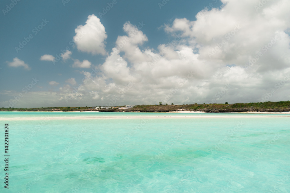 Fototapeta premium Turquoise water lapping on white sand beach in mnemba atoll, zanzibar