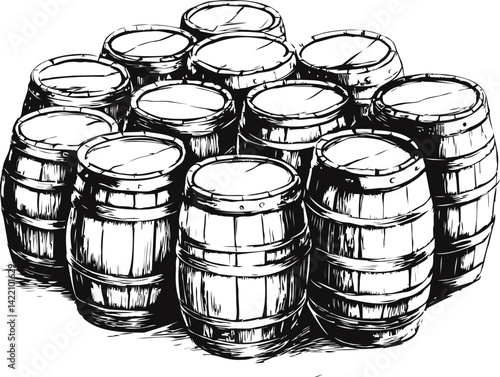 Wooden barrels in a black and white vector illustration sketch. Vector illustration