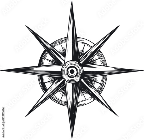 Black and white illustration of a vintage compass rose with eight points. Vector illustration