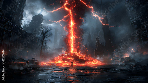 A fiery apocalyptic landscape with a silhouetted figure facing a volcanic eruption. Use for fantasy game concepts or dramatic illustrations. Perfect for dark themed projects