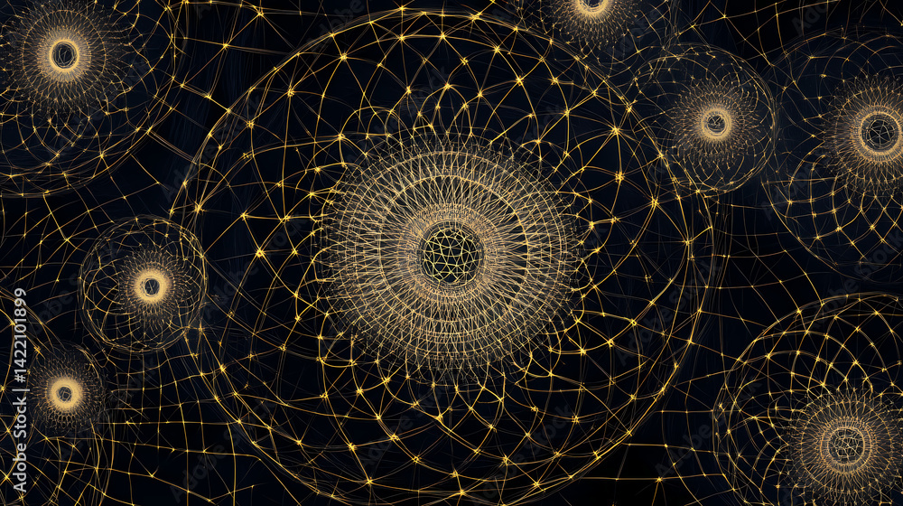 Gold grid pattern on dark background, digital art, abstract design, website header. Dreamwoven Pattern. Illustration