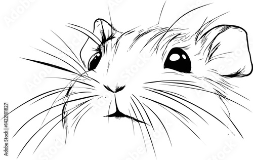 Black and white sketch of a cute rodent face with whiskers. Vector illustration