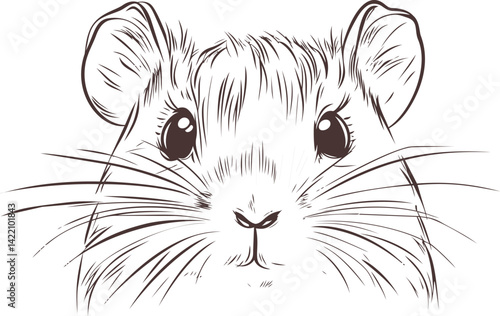 Detailed sketch of a cute hamster with big eyes and whiskers, black and white illustration. Vector illustration