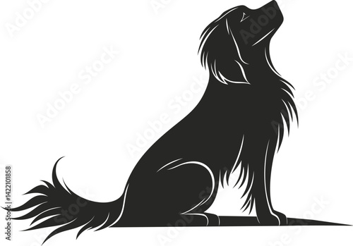 Silhouette of a fluffy dog sitting and looking up in black and white illustration. Vector illustration