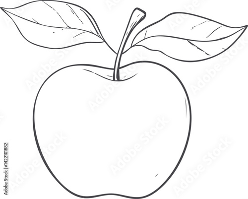 Black and white line drawing of an apple with two leaves. Vector illustration