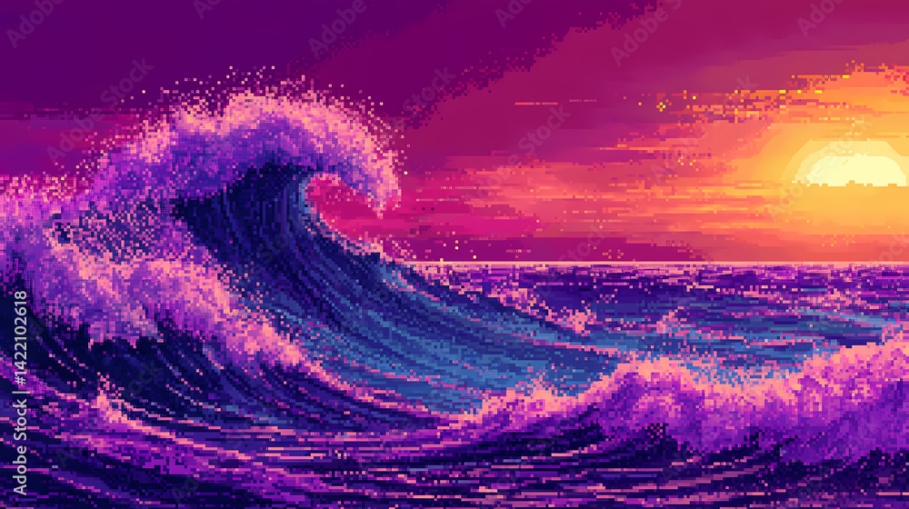 Vibrant violet waves in a pixelated dreamscape, vibrant, violet, waves, pixelated, dreamscape, abstract, artistic, surreal. Surreal Waves. Illustration