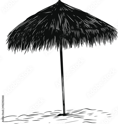 Black and white sketch of a beach parasol with straw top on sand. Vector illustration