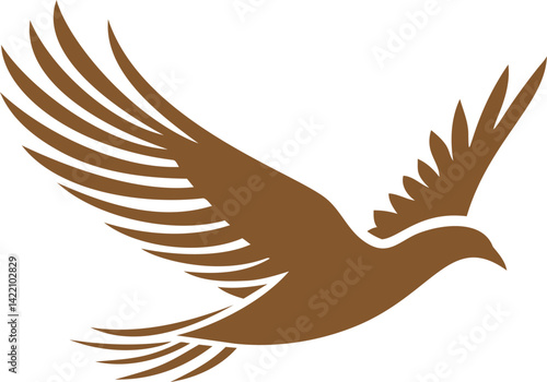 Stylized brown bird illustration with spread wings in flight silhouette. Vector illustration