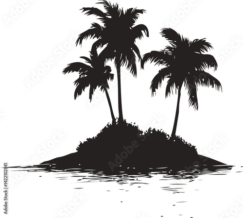 Silhouette of tropical island with palm trees and ocean reflection. Vector illustration