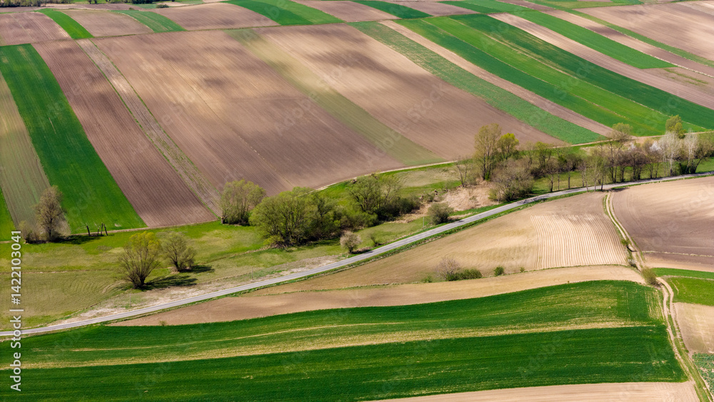 drone view over countryside patchwork fields