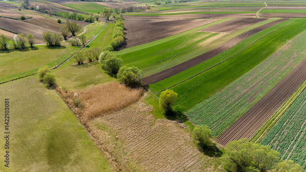 drone view over countryside patchwork fields