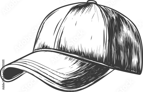 Black and white sketch of a baseball cap with detailed shading, fashion illustration. Vector illustration