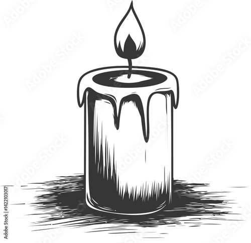 Black and white sketch of a burning candle with dripping wax. Vector illustration