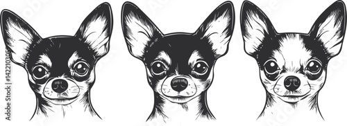 Three black and white chihuahua portraits with detailed line art illustration. Vector illustration