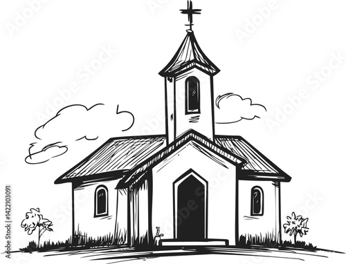 Black and white sketch of a church with clouds and grass landscape. Vector illustration