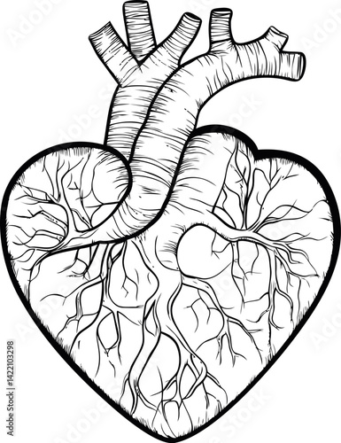Black and white anatomical heart illustration with detailed veins, concept drawing. Vector illustration