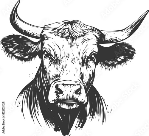 Black and white drawing of a cow's head with horns staring forward. Vector illustration