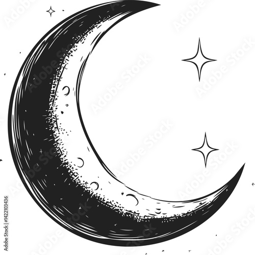 Stylized crescent moon and stars in black. Vector illustration