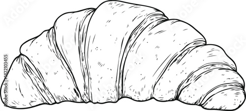 Detailed black and white sketch of a croissant with intricate texture. Vector illustration