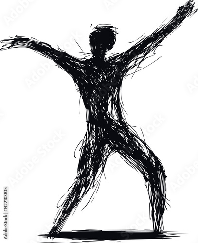 Abstract sketch of a dancing figure in black ink creating dynamic movement. Vector illustration