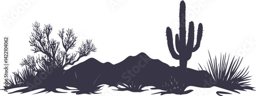 Desert landscape silhouette with cactus and bushes in black and white art. Vector illustration