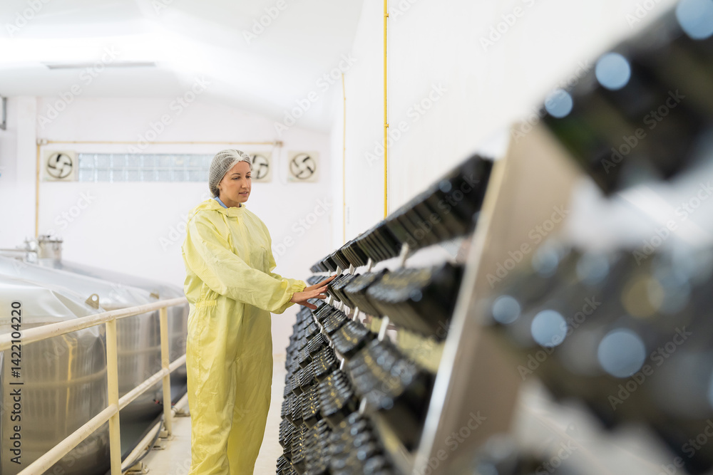 Wine factory, wine production, produces wine. Winemaker inspecting quality of wine bottles on shelf during manufacturing in process in fermentation wine factory. Wine manufacturing industry concept Wine factory, wine production, produces wine. Winemaker inspecting quality of wine bottles on shelf during manufacturing in process in fermentation wine factory. Wine manufacturing industry concept